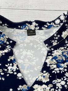 Linhara Große Größen bedruckte taillierte 3/4-Ärmel Puppenstil elegante anmutige Urlaub Lässig Pendeln Frühling Sommer Herbst bedruckte Bluse - Königsblau - Übersicht 4