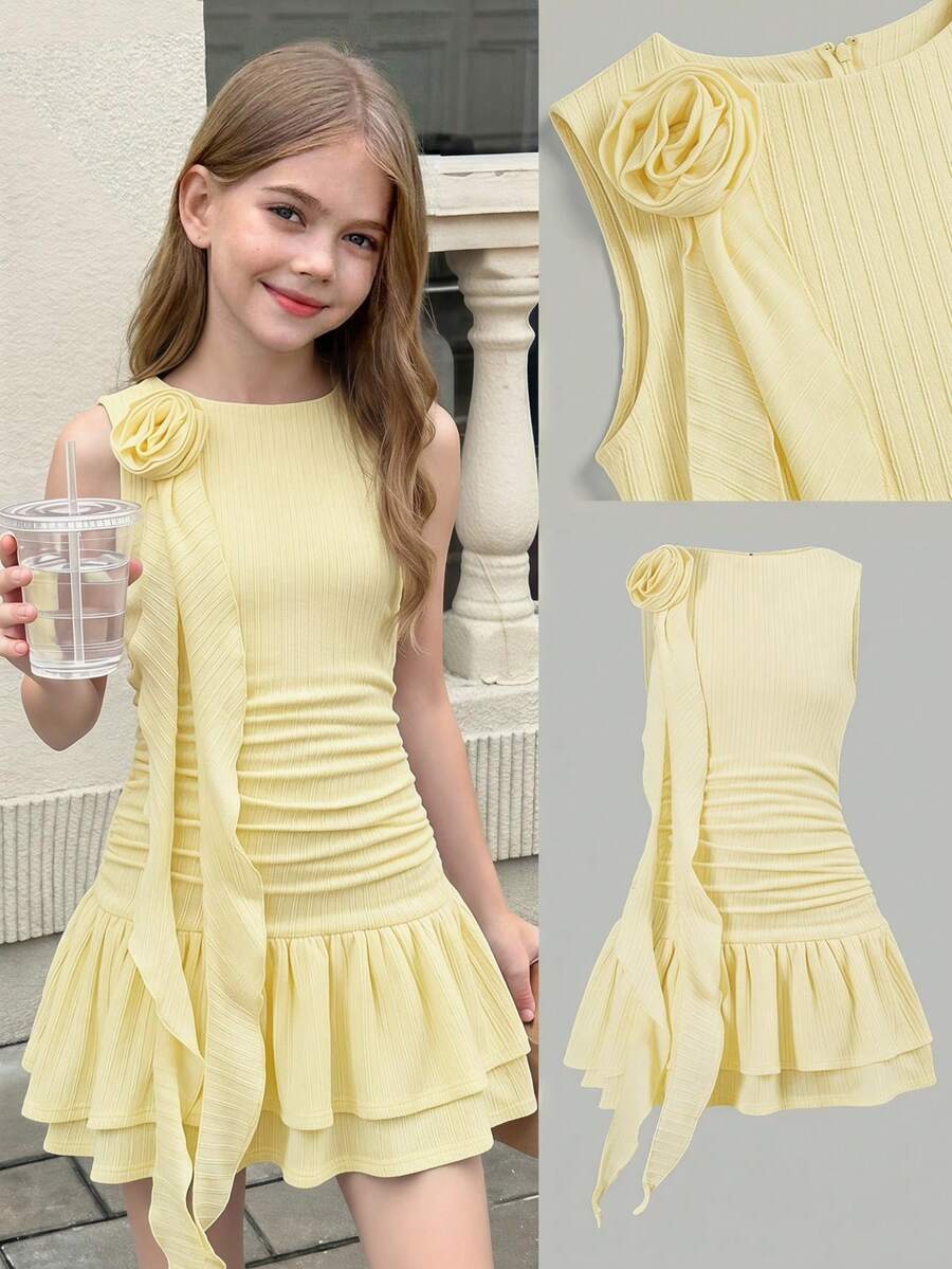 SHEIN Robe courte ajustée sans manches pour préadolescentes, col rond plissé, décor floral 3D élégant et décontracté, robe de princesse, pour le Nouvel An, la sortie de printemps, le port quotidien, robe jaune pour préadolescentes, robe sans manches pour préadolescentes, robe jaune pour adolescentes, robe jaune pour préadolescentes - Jaune citron - Voir 1