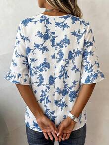 EMERY ROSE Women's Vacation Casual Floral Print Shirt - Blue and White - View 2