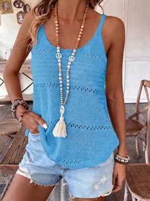 Breezaya Women's Solid Color Hollow Out Casual Camisole Knit Top For Vacation - Blue - View 4