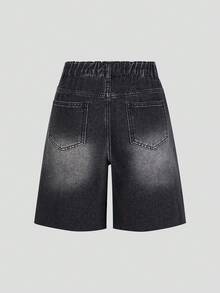 SHEIN 女童牛仔短褲，夏季新品，復古水洗彈性腰寬鬆直筒毛邊休閒牛仔短褲，Y2K街頭風，黑色舒適純棉牛仔，適合校園穿搭、夏季度假、日常出行、戶外、派對等多種場合 - 黑色 - 查看 2