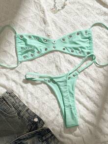 SHEIN Swim 2026新款女式素色性感平口比基尼泳衣套裝，海灘度假夏季休閒性感泳裝 - 薄荷綠 - 查看 2