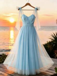 GlowEve CURVE Plus Size Tulle Dress, Elegant Party Gown For Vacation, Wedding, Romantic Date, Beach, With Spaghetti Straps And Pleats - Blue - View 5