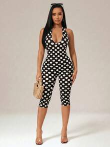 Radiana Schwarzer und weißer Jumpsuit in Übergröße für Damen, Frühling/Sommer, 70 Stücke Jahre, süß, stylisch, mit Polka-Dots, tailliert, Neckholder, rückenfrei, Caprihose, lässig, für Alltagsoutfits - Schwarz und Weiss - Übersicht 5