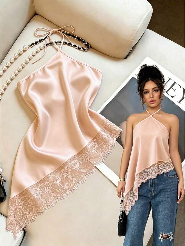 GlowEve Top de tirantes nuevo de verano para mujer, top de tirantes negro, cuello halter con lazo, dobladillo asimétrico con ribete de encaje, top de tirantes sexy para mujer, top de tirantes ajustado sin espalda con decoración de encaje, top sin mangas sexy, adecuado para fiestas, cócteles, ocasiones formales y atuendos de negocios casuales, ropa de playa para mujer