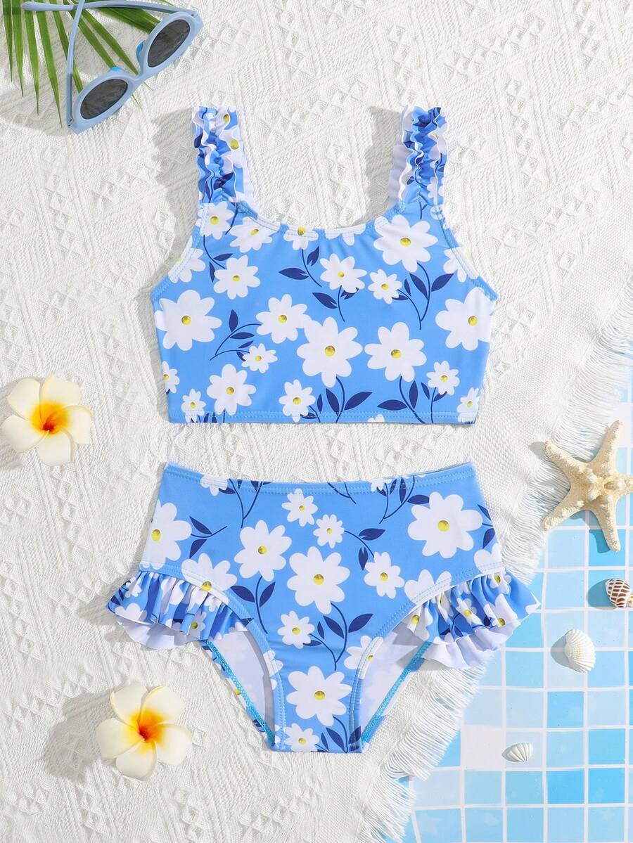 2pcs/Set Young Girl' Blue Floral Print Comfortable Knit Ruffled Swimwear Set, Suitable For Beach, Pool, Vacation, Summer, Travel - Multicolor - View 1
