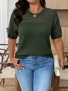 EMERY ROSE Plus Size Casual Hollow Out Round Neck Short Sleeve Top Going Out Tops - Dark Green - View 5