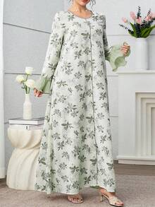 Al Najma Plus Size Women's Floral Print Ruffle Flare Sleeve Dress - Green - View 3