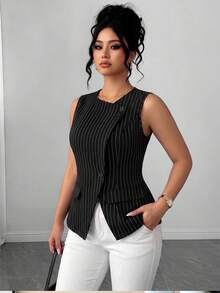 Elenzga 加大码女式梭织常规夏季轻薄优雅通勤简约时尚无袖假口袋黑白条纹西装外套 - 黑色 - 查看 3