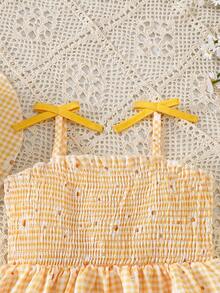 SHEIN Girls' Yellow Plaid Daisy Print Bow Shoulder Strap Summer A-Line Dress, Sweet And Cute Casual - Yellow - View 4