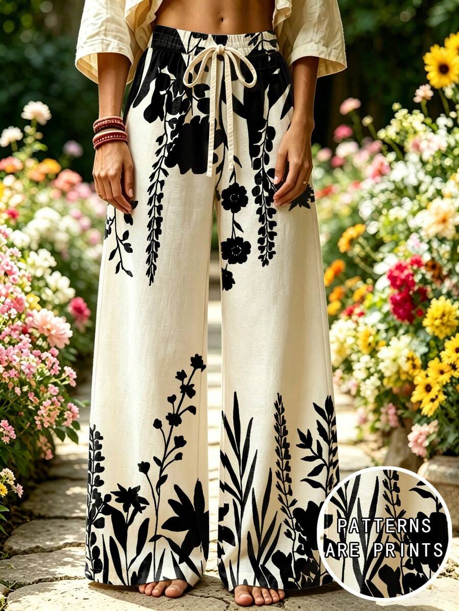Selamara Quần ống rộng phong cách Bohemian màu kaki thêu họa tiết hoa cúc, cạp cao lưng thun co giãn, dáng suông bay bổng, phong cách vintage đồng quê cho mùa hè - Nhiều màu - Xem 1
