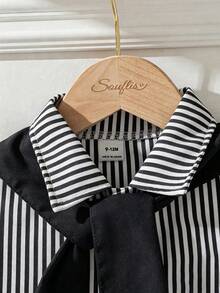 Souflis Souflis Französischer Stil 3er Set Baby Jungen Säugling Kleinkind Neugeborene Frühling Sommer vielseitig Kleiner Gentleman Schwarz & Weiß gestreift gewebtes Kurzarmhemd + Shorts + abnehmbarer Schal 3-teiliges Outfit Baby hochwertiges Set - Schwarz und Weiss - Übersicht 9