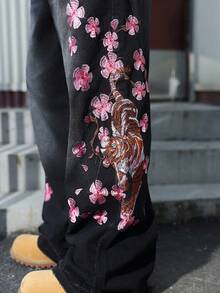 GALLERY FADE 男士街頭風休閒貓鬍鬚刺繡黑色丹寧牛仔褲 - 黑色 - 查看 7