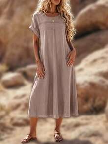 EMERY ROSE Plus Size Women Solid Color Lace Hollow Out Sleeveless Dress - Pink - View 6