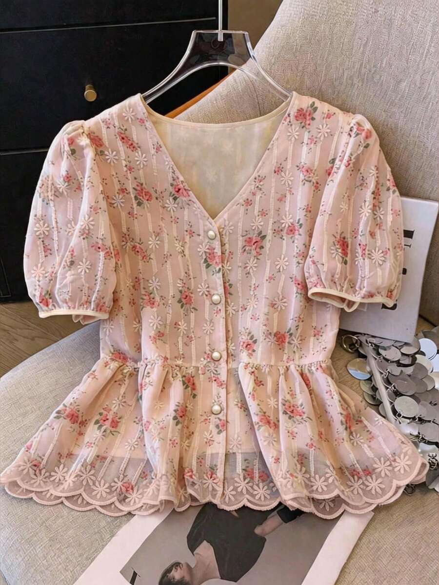 Franclia French Sweet Embroidery V-Neck Short Sleeve Blouse For Women - Dusty Pink - View 1