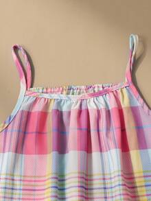 SHEIN Girls' Woven Fabric Plaid Digital Print Hem Ruffle Strap Dress, Suitable For Summer Daily Wear, Outings, Travel, Vacation, And Occasions. Summer Dress - Multicolor - View 6