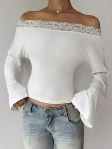 SHEIN PariChic Women's Elegant And Casual White Lace Off-Shoulder Top, Flare Long Sleeve Form-Fitting Tee, Sexy Slim Fit Blouse For Night Out Date Night Street Style - White - View 7