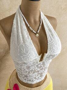 Soleia Top da donna in pizzo con scollo all'americana plissettato sexy versatile per appuntamenti & uscite - Bianco - Visualizzare 6
