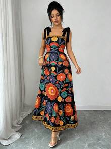 Elenzga Vestido de vacaciones para mujer con estampado floral y tirantes con nudo en los hombros - Negro - Ver 5