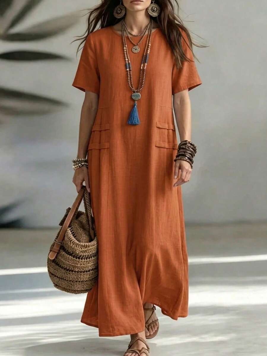 EMERY ROSE Rust Orange,Autumn,Boho,Vacation,Wedding Ninang,Holiday Loose Fit Solid Color Dress,Flowy Linen-Look Elegant Outfit Creative Market Stall - Orange - View 1