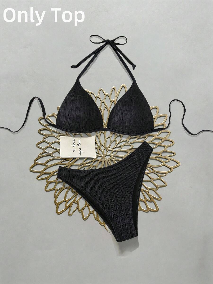Swim Vcay Summer Beach Halter Triangle Bikini Top - Black - View 1