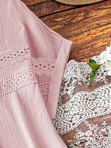 Linhara Plus Size Women Solid Color Lace Hollow Out Sleeveless Dress - Pink - View 3