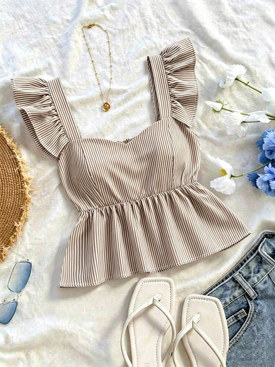 SHEIN Franclia INS Casual Vacation Flutter Sleeve Women's Blouse - Khaki - View 1