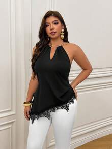 Femmeverse Plus Size Women's Solid Color Contrast Lace Hem Fashion Halter Top - Black - View 5