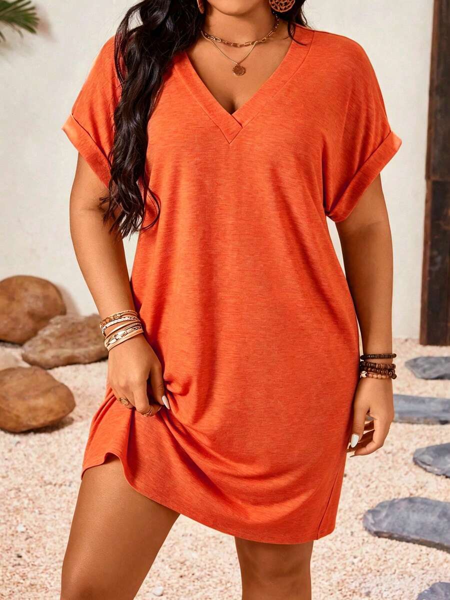 EMERY ROSE Vestido de sol casual de primavera talla grande con cuello en V, unicolor, manga enrollada y largo midi - Naranja - Ver 1