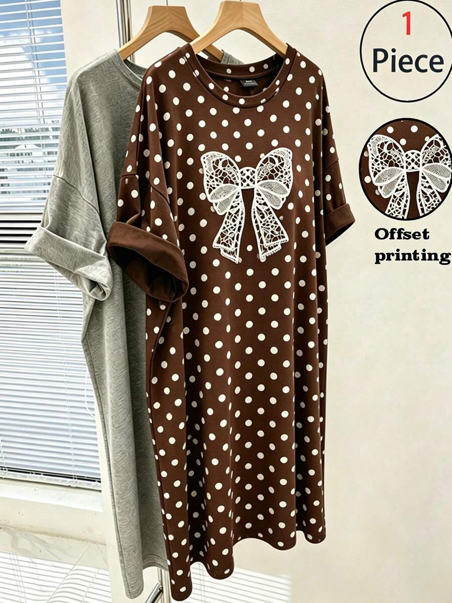 GlowEve CURVE Plus Size Spring/Summer Casual Commute Elegant Comfortable Straight Leg Short Sleeve Bow Print Plus Size Dress - Brown - View 1