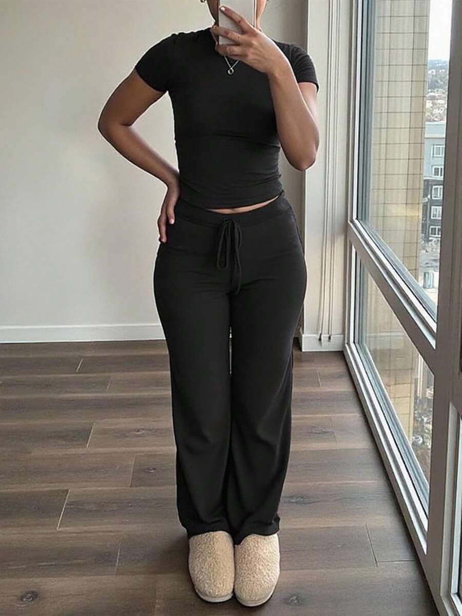 INAWLY Women's Solid Color Crew Neck Short Sleeve T-Shirt And Pants 2-Piece Casual Set - Black - View 1