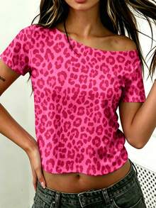 Rovax Fuchsia Leopard Print Cropped Asymmetric Shoulder Short Sleeve T-Shirt - Hot Pink - View 4