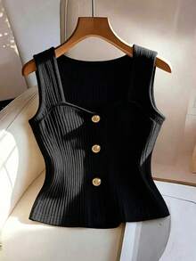 GlowEve CURVE Plus Size Sleeveless Round Neck Front Button Vest - Black - View 5
