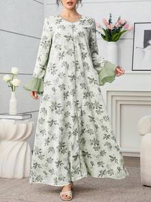 Al Najma Plus Size Women's Floral Print Ruffle Flare Sleeve Dress - Green - View 7