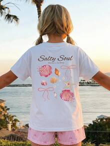 SHEIN 2件組少女奶油白與亮粉色蝴蝶結條紋、Salty Soul甜美海星貝殼珍珠蝴蝶結圖案休閒圓領短袖T恤與短褲套裝，適合春夏季日常穿著、街頭風、度假、農場、度假村 - 彩色 - 查看 2