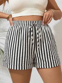 SHEIN VCAY Plus Size Women's Textured Striped Fabric Loose Casual Shorts Suitable For Summer - Black and White - View 4