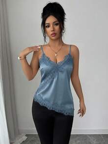 Rafferiza Women's Elegant French Lace Patchwork Asymmetric Hem Camisole - Dusty Blue - View 4