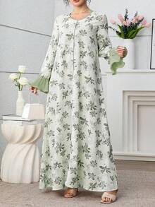 Al Najma Plus Size Women's Floral Print Ruffle Flare Sleeve Dress - Green - View 8