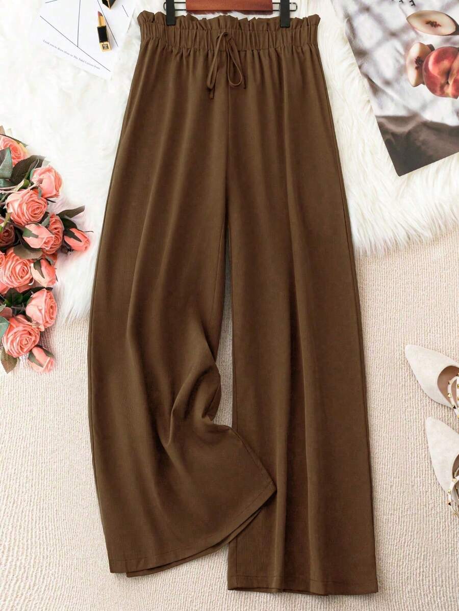 SHEIN Tall CURVE 大尺碼女款素色腰綁帶百搭時尚長褲 - 咖啡棕 - 查看 1