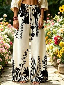 Selamara Quần ống rộng phong cách Bohemian màu kaki thêu họa tiết hoa cúc, cạp cao lưng thun co giãn, dáng suông bay bổng, phong cách vintage đồng quê cho mùa hè - Nhiều màu - Xem 4