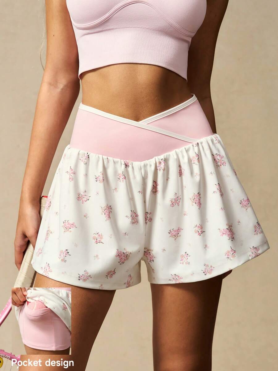 VARSIVA Women's Ditsy Floral Asymmetric Waist Sports Shorts, Summer Skirt, Suitable For Yoga, Gym, Casual, Vacation, Sports - Multicolor - View 1