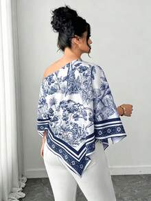 Elenzga 大尺碼女款休閒優雅不對稱領長袖不對稱下擺襯衫斜肩開衩袖寬鬆時尚襯衫復古日落度假印花蝙蝠袖上衣新款百搭，適合四季，日常通勤，外出上衣 - 藍色 - 查看 2