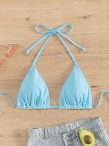 Swim Basics 女款素色百褶性感掛脖綁帶比基尼上衣，度假適用 - 藍色 - 查看 5