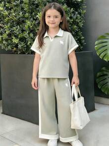 少女休閒百搭日常居家黑白拼色飾邊圓領落肩袖T恤＋直筒褲針織套裝 - 彩色 - 查看 6