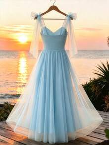 GlowEve CURVE Plus Size Tulle Dress, Elegant Party Gown For Vacation, Wedding, Romantic Date, Beach, With Spaghetti Straps And Pleats - Blue - View 2