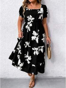 EMERY ROSE Vestido Maxi para Mujer Talla Grande con Cuello Cuadrado, Manga Corta, Estampado y Bajo con Volantes - Blanco y Negro - Ver 4