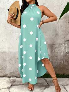 Breezaya Women's Plus Size Summer Zipper Neck Sleeveless Polka Dot Casual Elegant Dress - Green - View 5