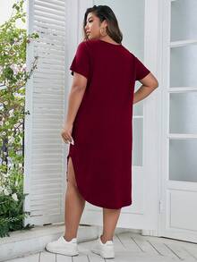 EMERY ROSE Plus Crisscross Front Curved Hem Tee Dress Maxi Women Outfit - Burgundy - View 2