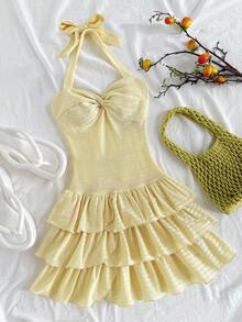 SHEIN Yellow Halter Layered Tween Summer Dress With Tiered Hem Babydoll Aesthetic Dresses For Picnic Ruffle Baby Doll - Yellow - View 1