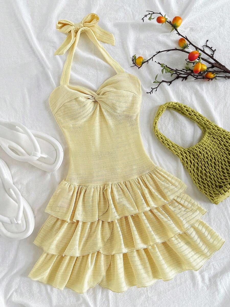 SHEIN Yellow Halter Layered Tween Summer Dress With Tiered Hem Babydoll Aesthetic Dresses For Picnic Ruffle Baby Doll - Yellow - View 1